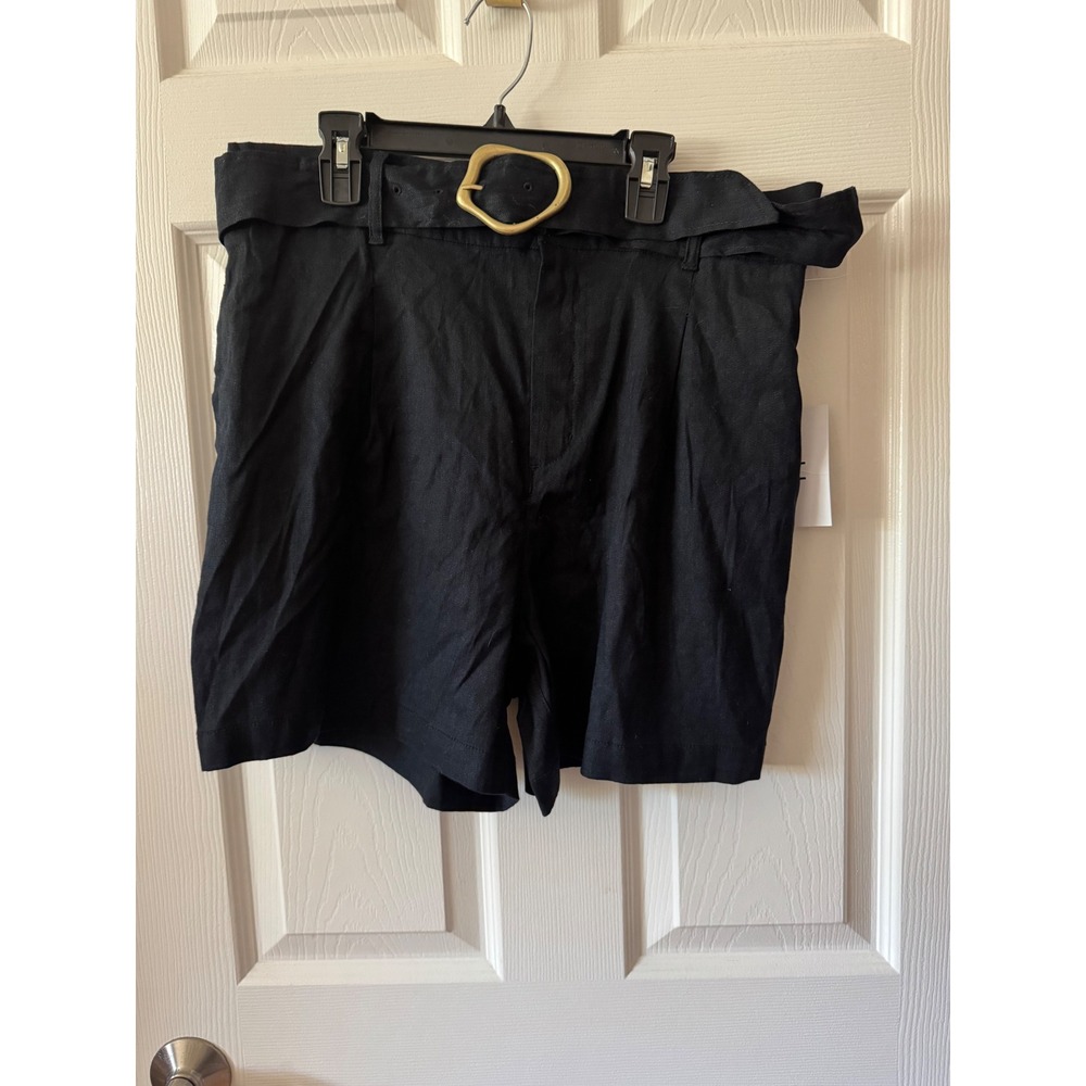 NWT HALSTON‎ Women's Black Linen Blend Belted High Waisted Shorts Size XL